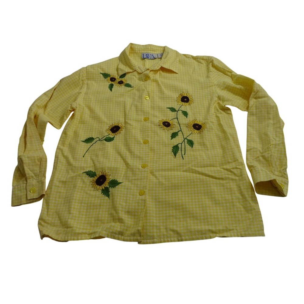 Vtg BFA Classics Yellow Gingham Sunflower Embroider Button Up Shirt Size M FLAW